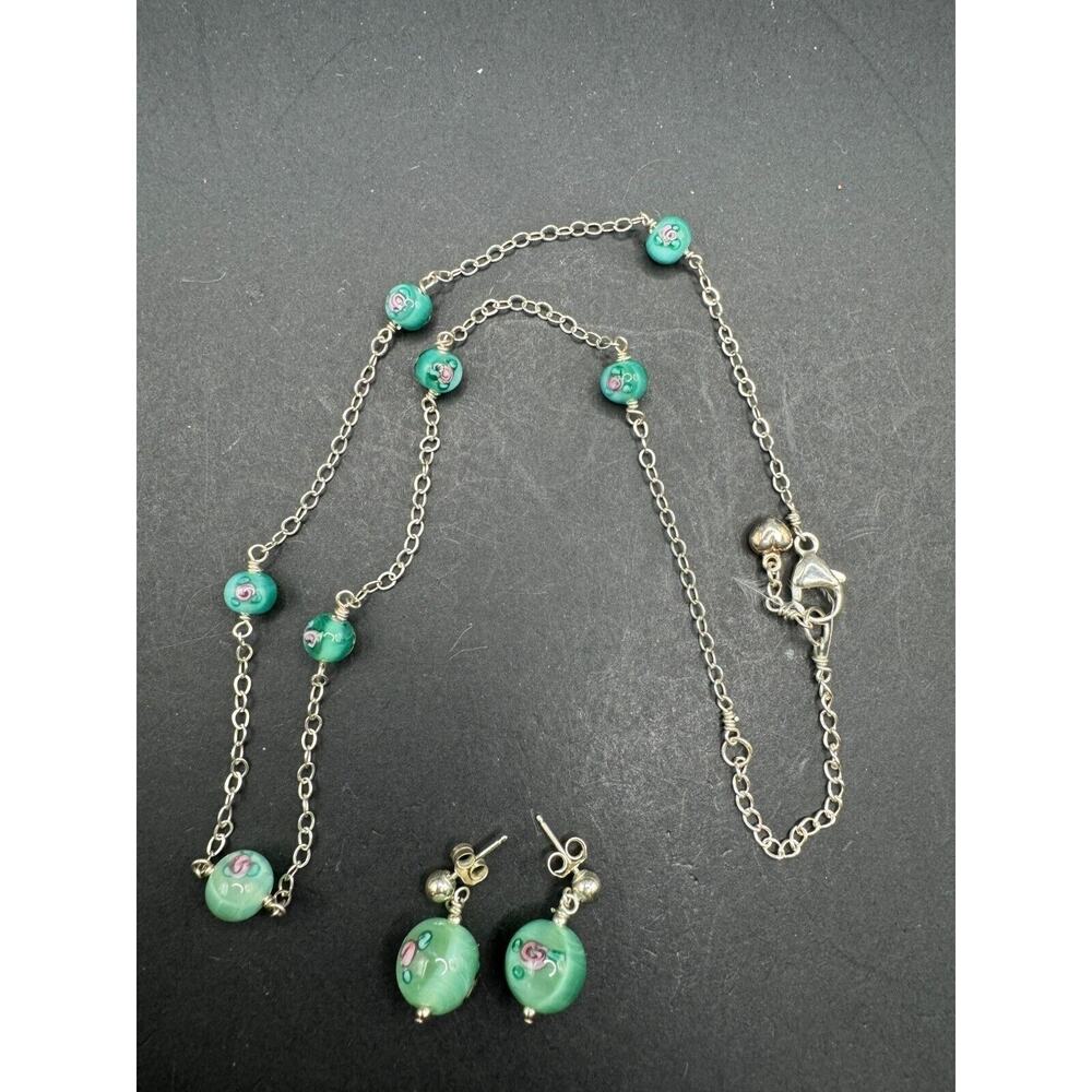 Vintage 925 Sterling Silver Green Floral Glass Bead Station Necklace & Earrings